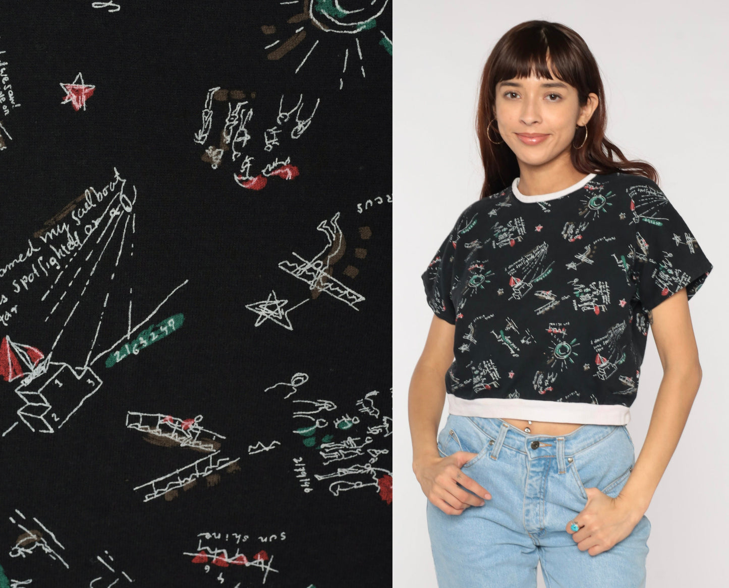 90s Sailboat Nautical Crop Top Black Graphic T-Shirt Small S