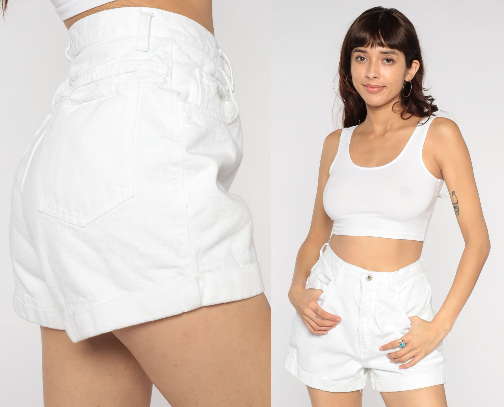 Y2K White Denim Shorts High Waisted Cuffed Jean Shorts Small