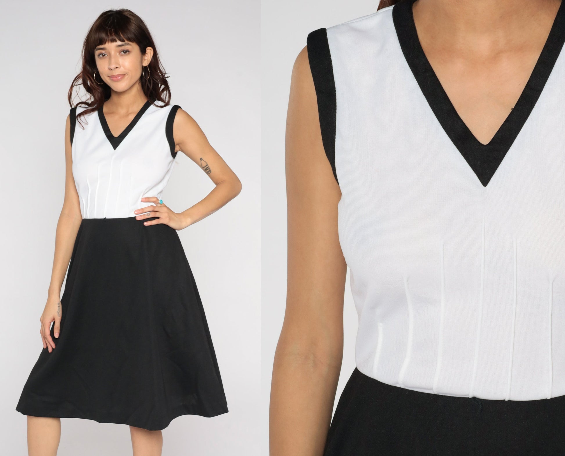 70s Black White Colorblock Midi Dress Sleeveless High Waist V Neck Medium