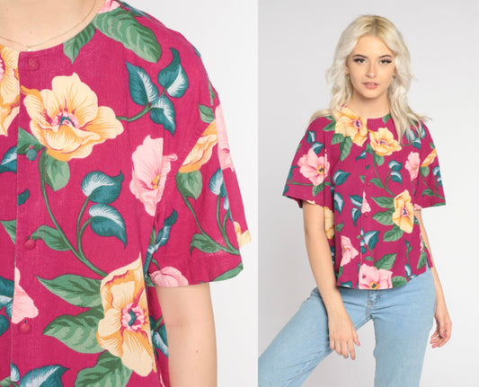 80s Liz Claiborne Floral Button-Up Blouse Dark Pink Cotton Small