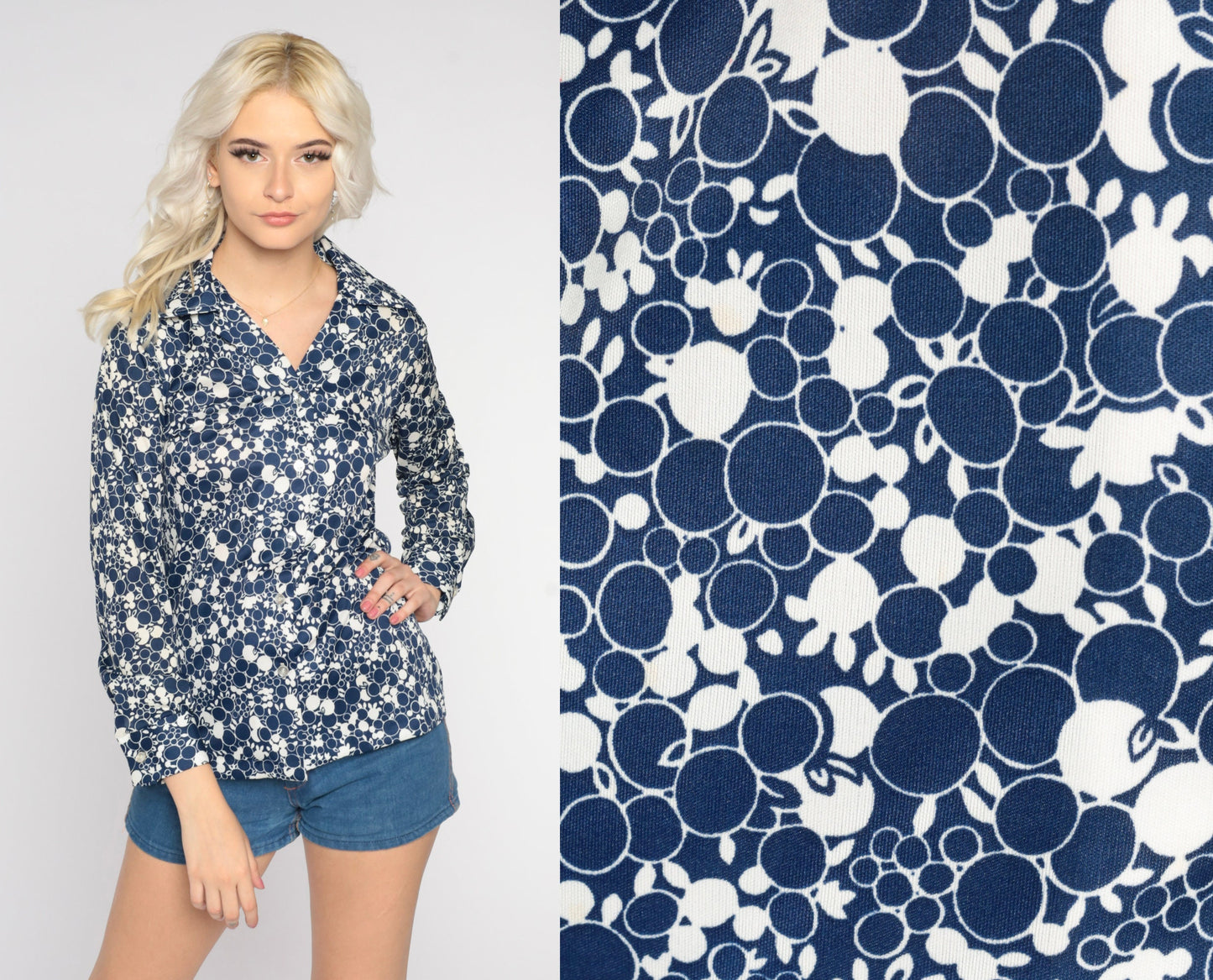 70s Blue Abstract Fruit Dot Print Button-Up Shirt Pointed Collar Long Sleeve Medium