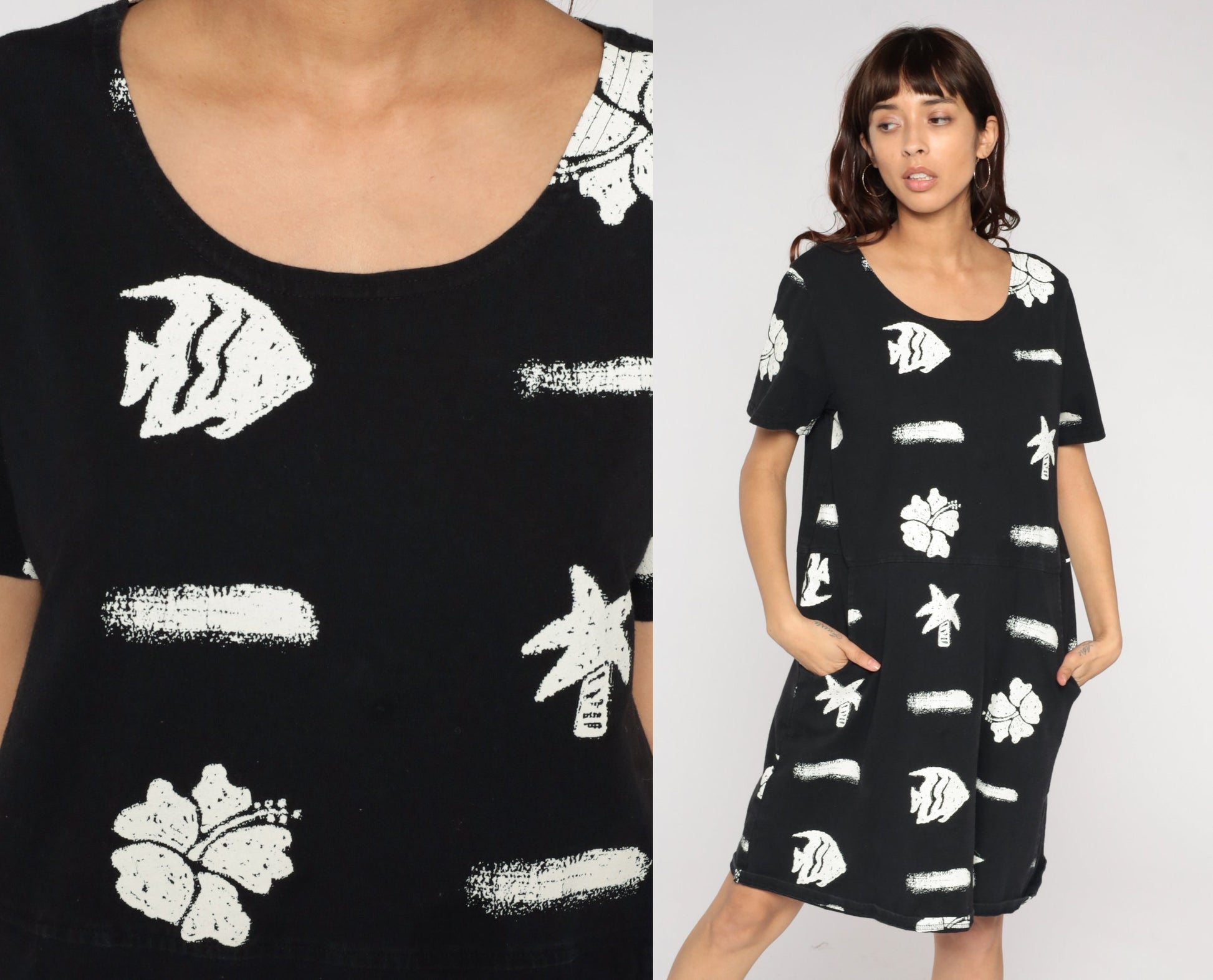 Y2K Black Tropical Fish Hibiscus Mini Shift Dress Short Sleeve Medium M