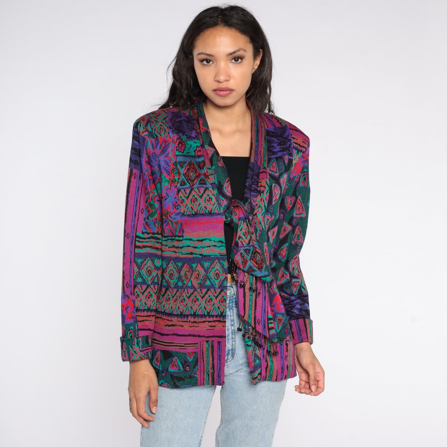 90s Woven Blazer Jacket Abstract Tapestry Tie Front Beaded Large L