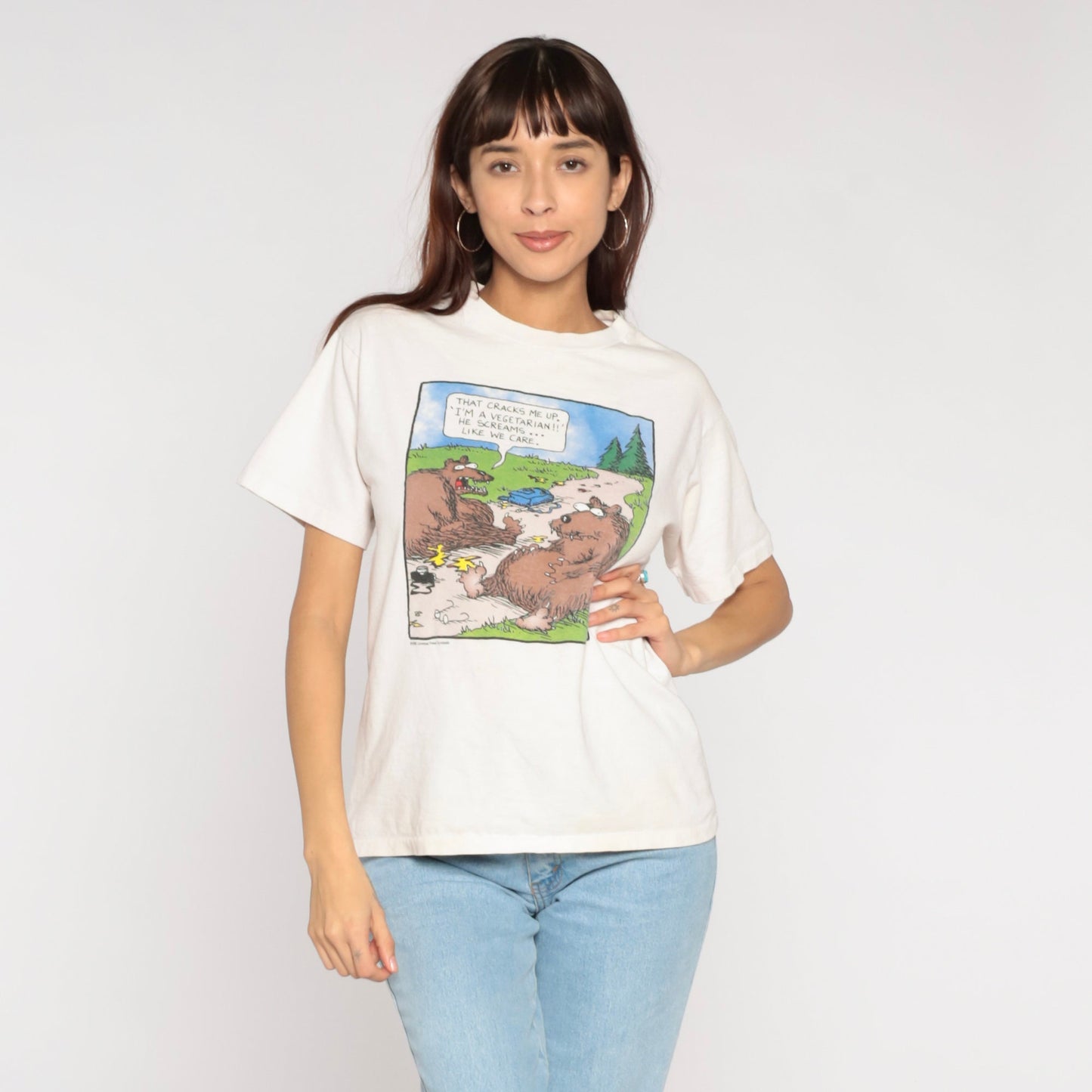 90s Bear Attack Cartoon Graphic T-Shirt Cotton Novelty Tee Medium