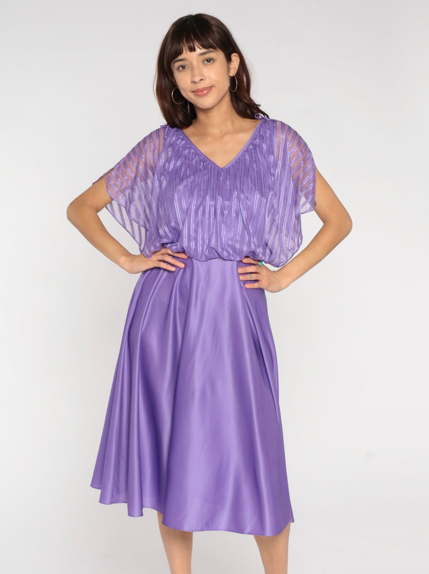 70s Purple Grecian Midi Dress Flutter Sleeve High Waist Small
