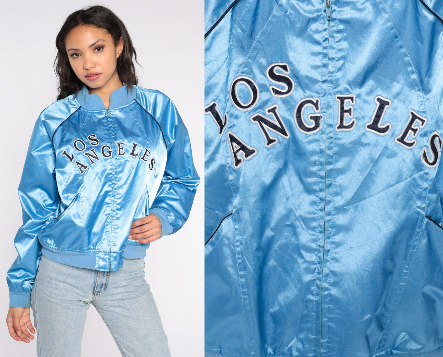 Y2K Los Angeles Baby Blue Satin Bomber Jacket Zip-Up Small S