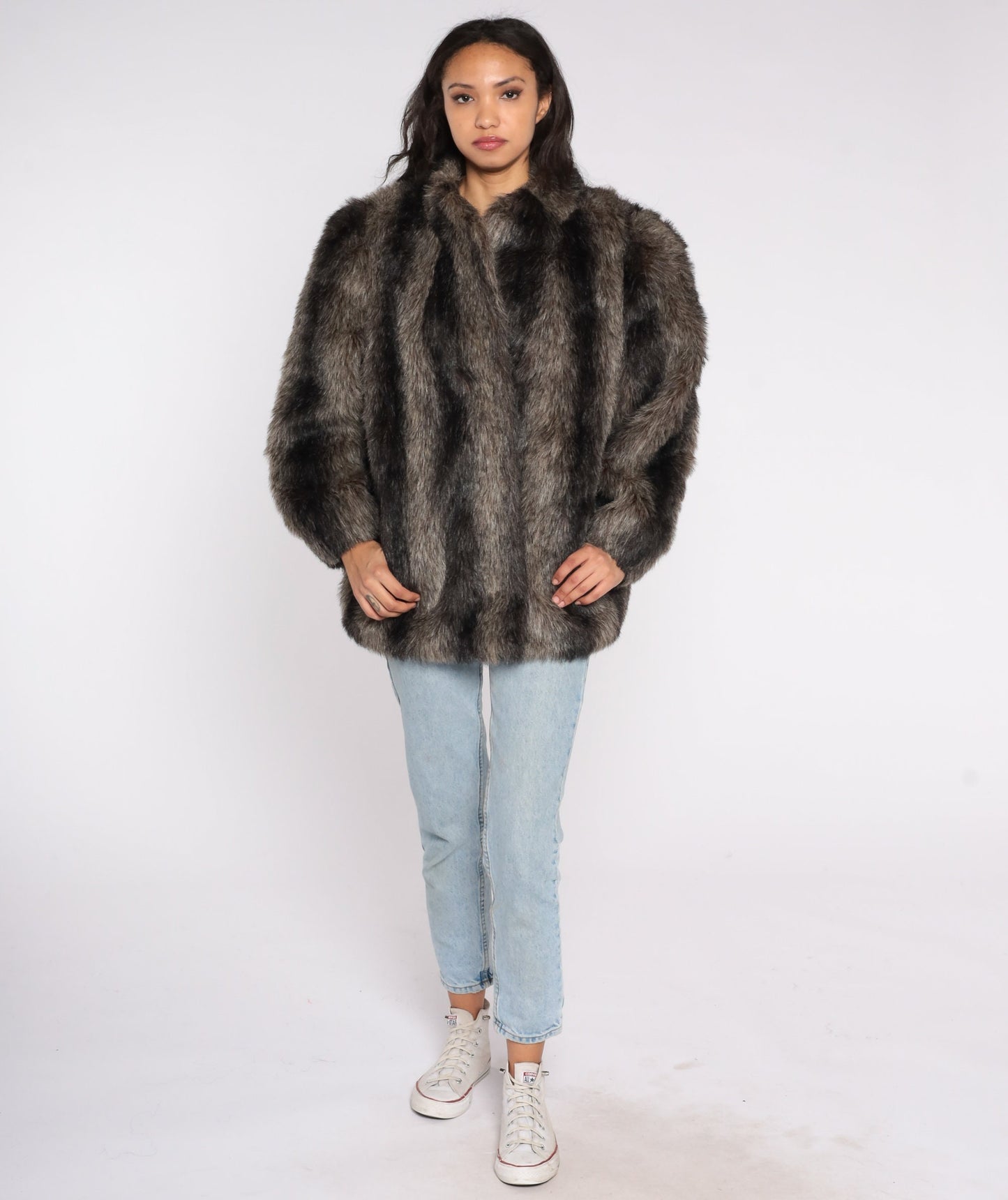 80s Brown Striped Faux Fur Coat Jacket Large L