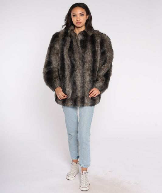 80s Brown Striped Faux Fur Coat Jacket Large L