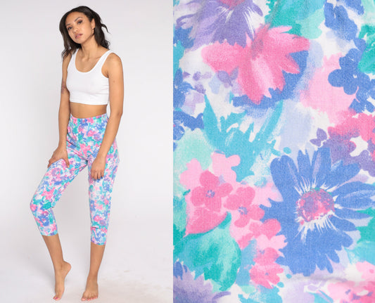 90s Floral Cropped Pants High Waist Elastic Cotton Lounge Capris Extra Small