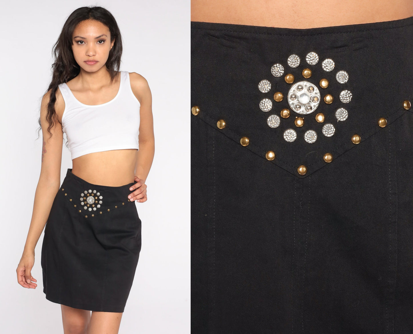 90s Black Studded Mini Pencil Skirt High Waist Cotton Small S