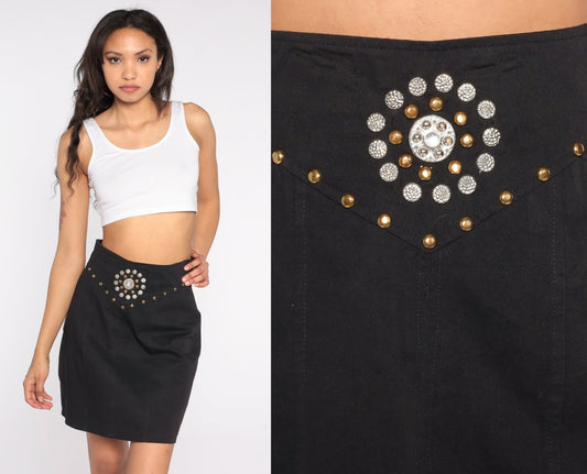 90s Black Studded Mini Pencil Skirt High Waist Cotton Small S