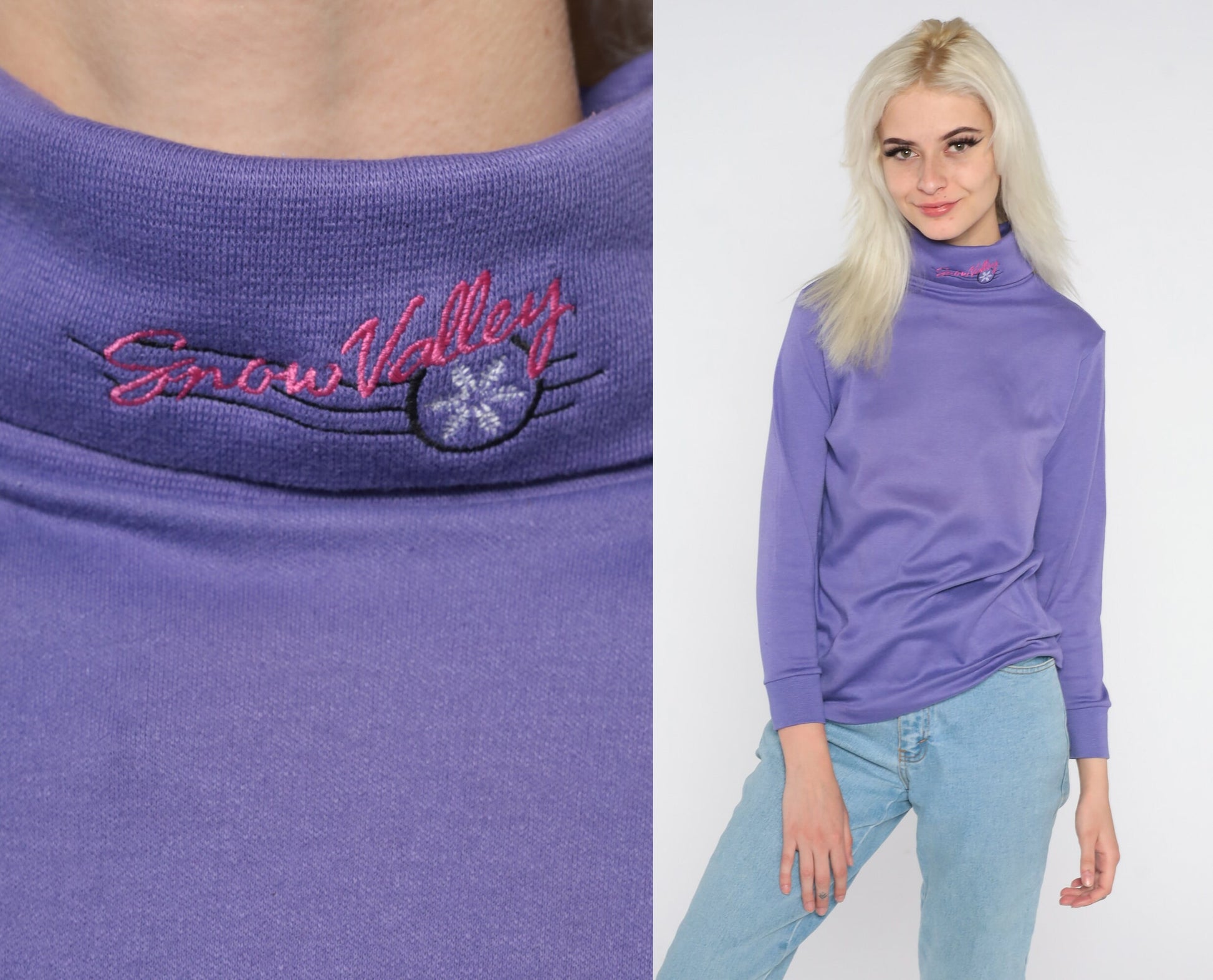 90s Snow Valley Turtleneck Purple Ski Resort Embroidered Long Sleeve Medium M