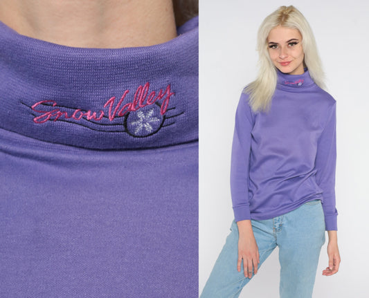 90s Snow Valley Turtleneck Purple Ski Resort Embroidered Long Sleeve Medium M