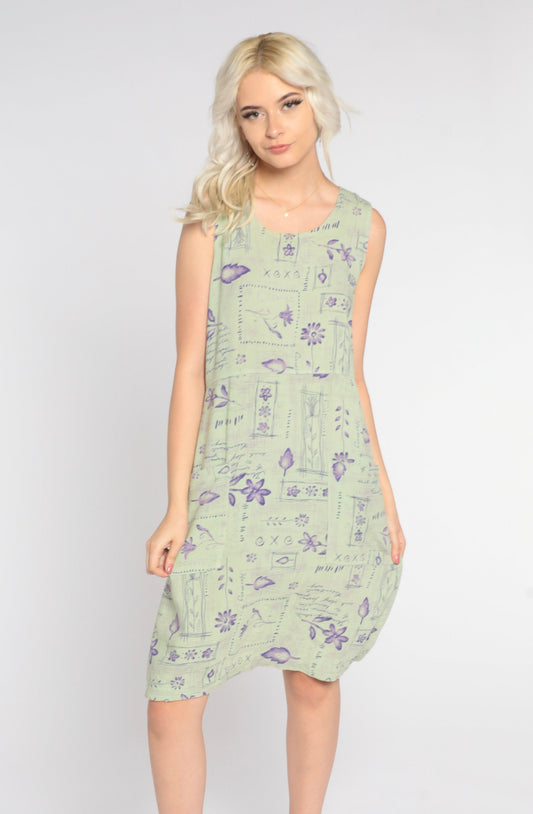 90s Sage Green Abstract Floral Mini Dress Sleeveless Shift Medium M