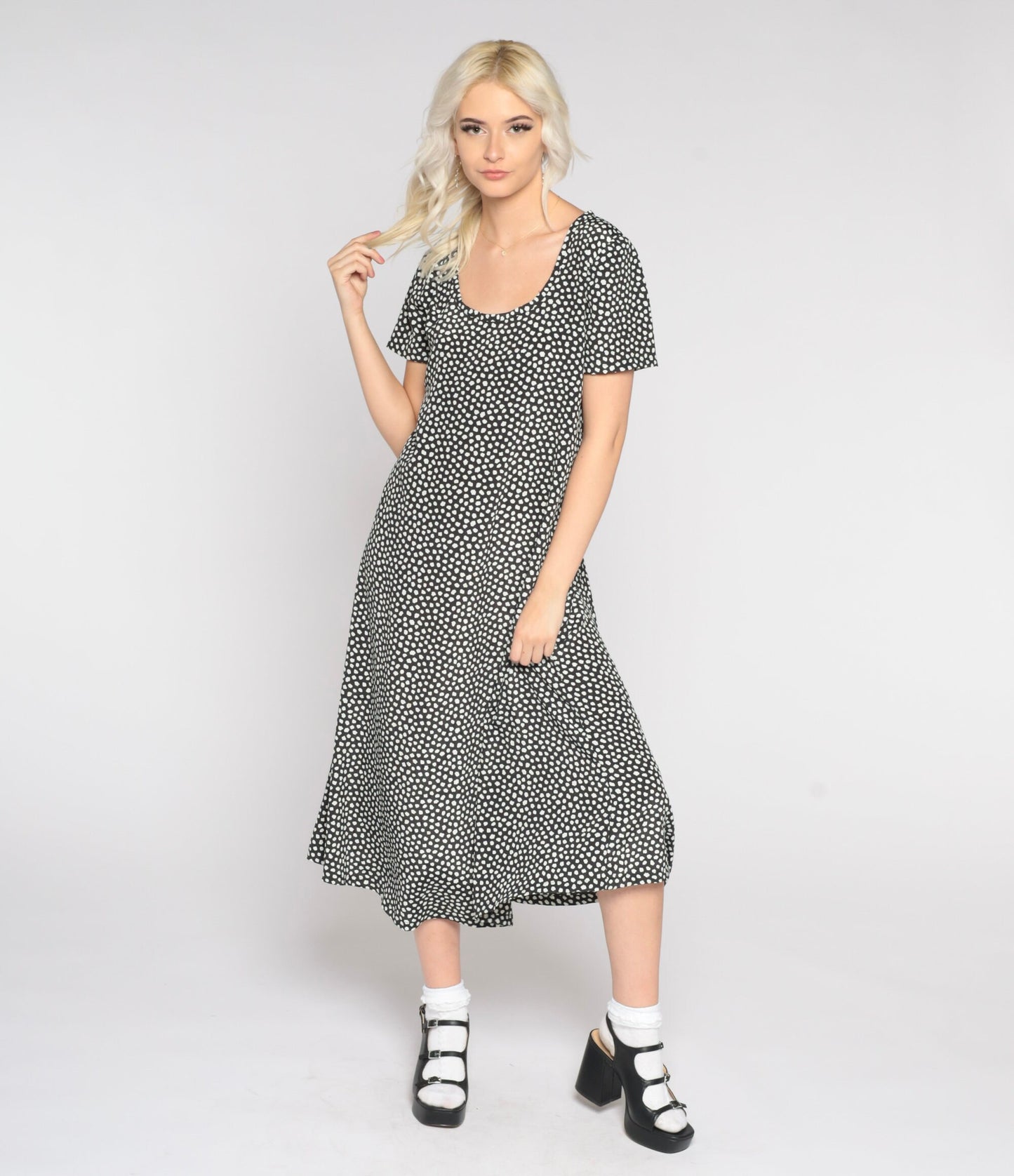 90s Black & White Polka Dot Midi Dress Short Sleeve Tie Back Small Medium