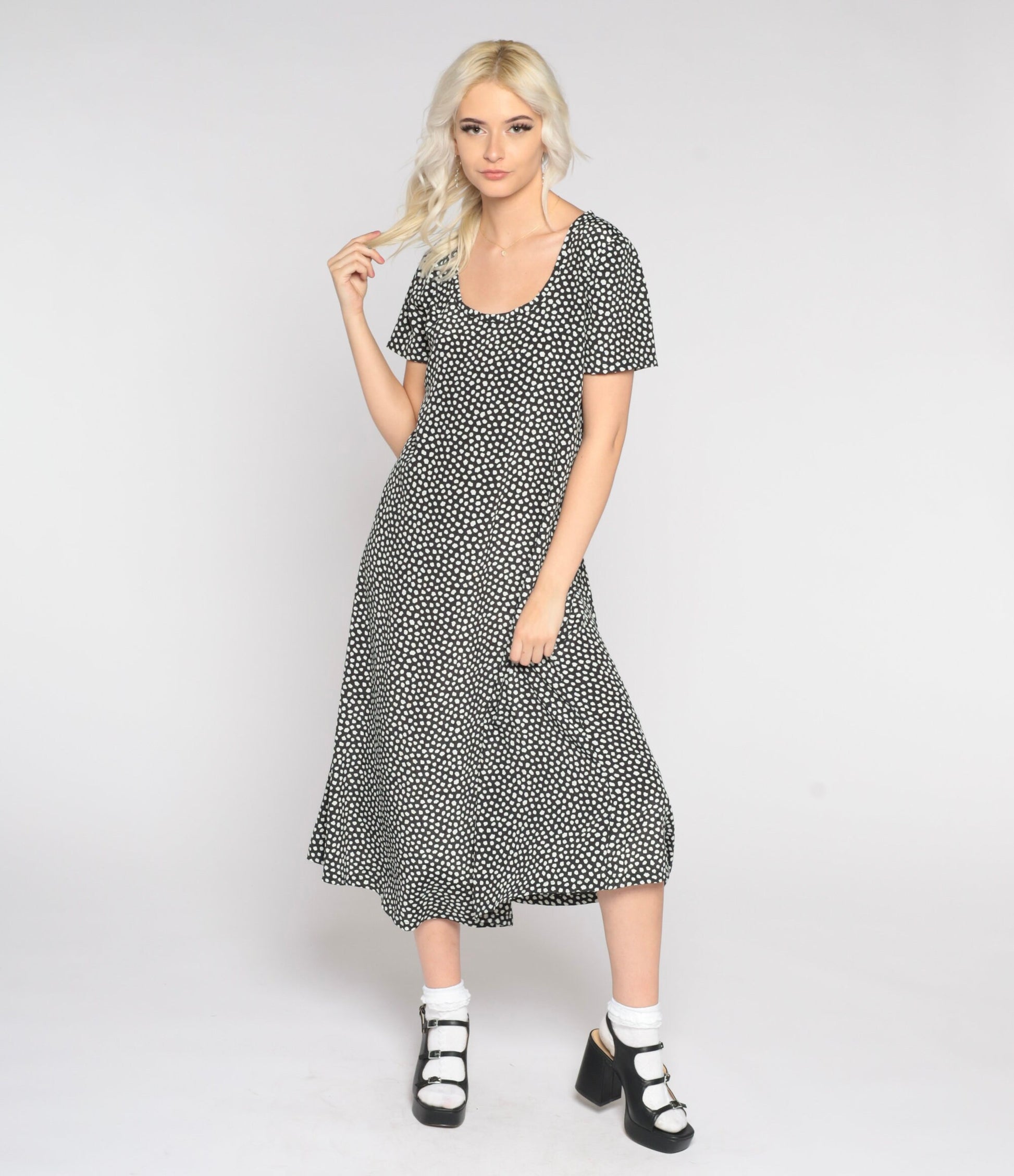90s Black & White Polka Dot Midi Dress Short Sleeve Tie Back Small Medium