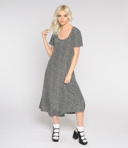 90s Black & White Polka Dot Midi Dress Short Sleeve Tie Back Small Medium