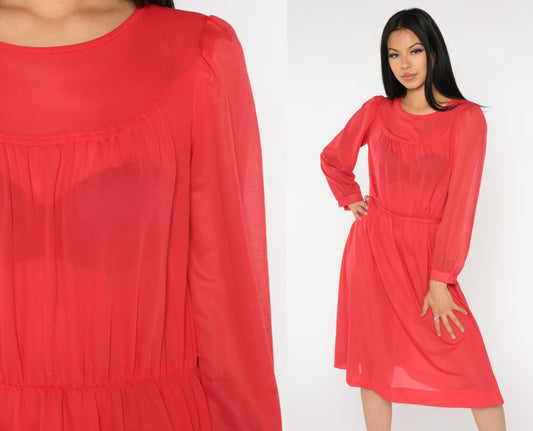 70s Red Sheer Midi Dress Puff Sleeve High Waist Long Sleeve Small Medium