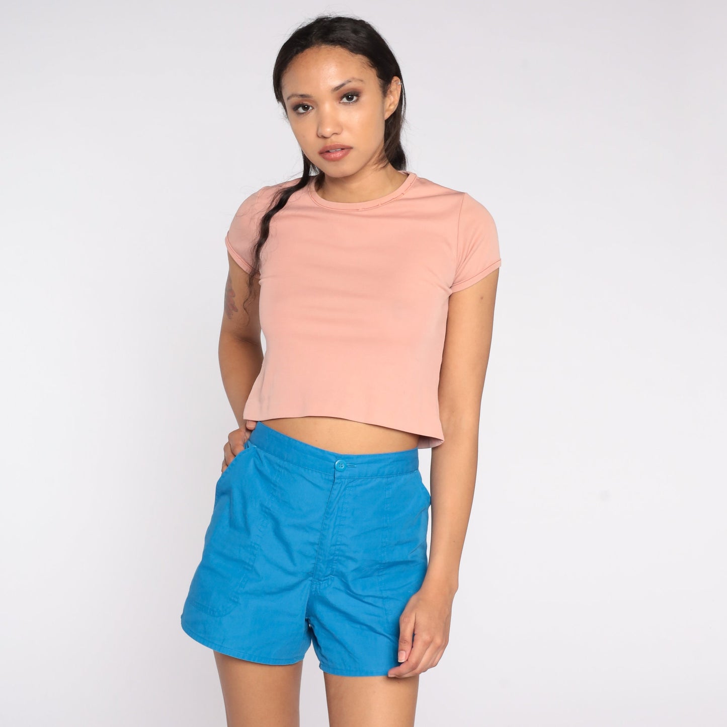 80s Blue High-Waisted Shorts Cotton Blend Trouser Pockets Medium