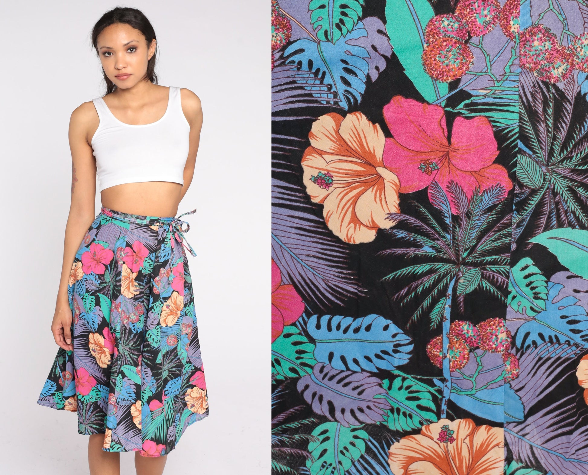 80s Black Tropical Floral Midi Skirt High Waisted Hawaiian Print Extra Small
