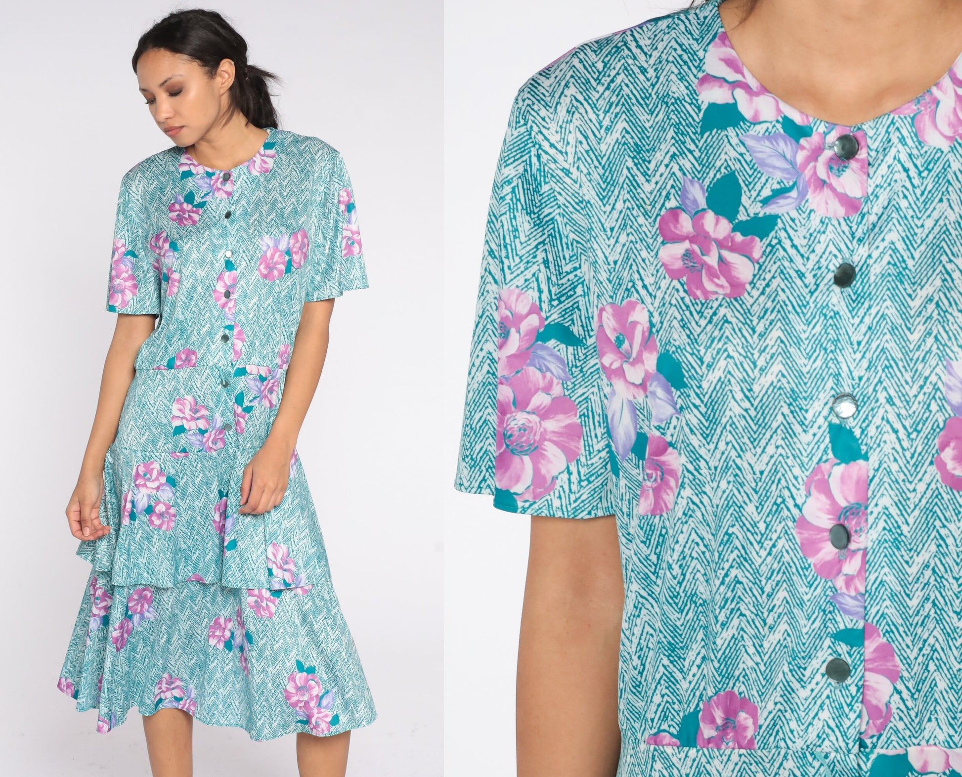 70s Floral Chevron Striped Midi Dress Button-Up Tiered Teal Purple Plus Size XXL
