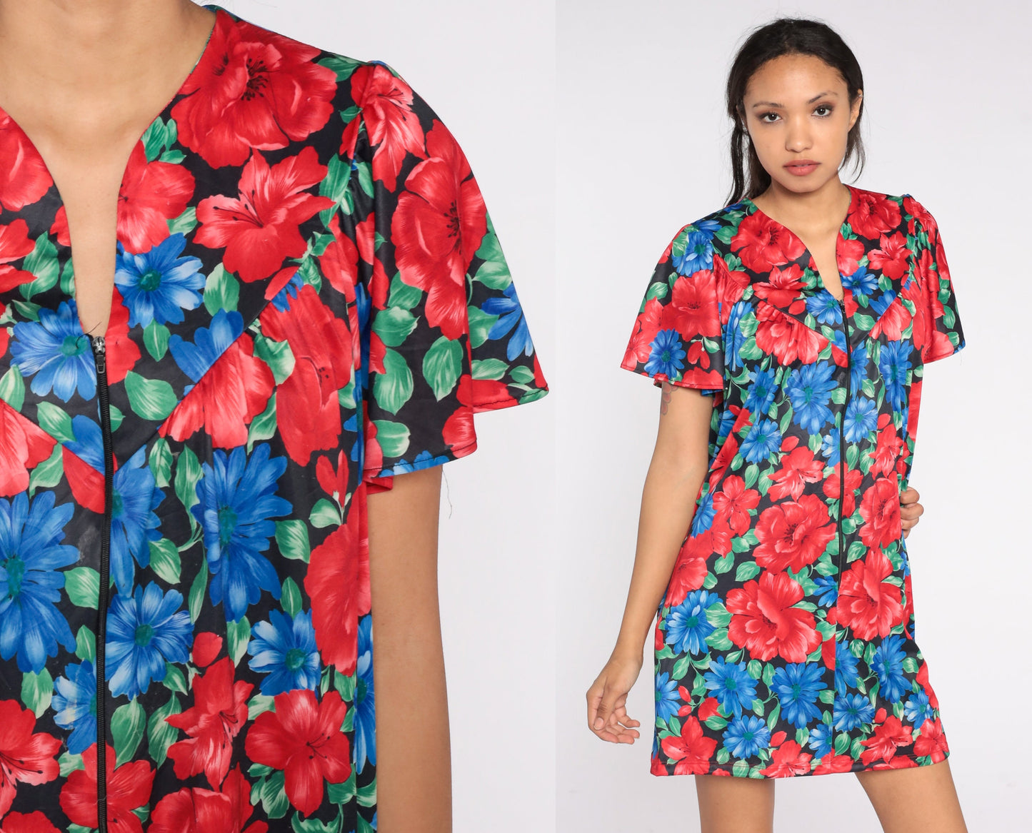80s Floral Pajama Dress Red Blue Mini Nightgown Button Front Large