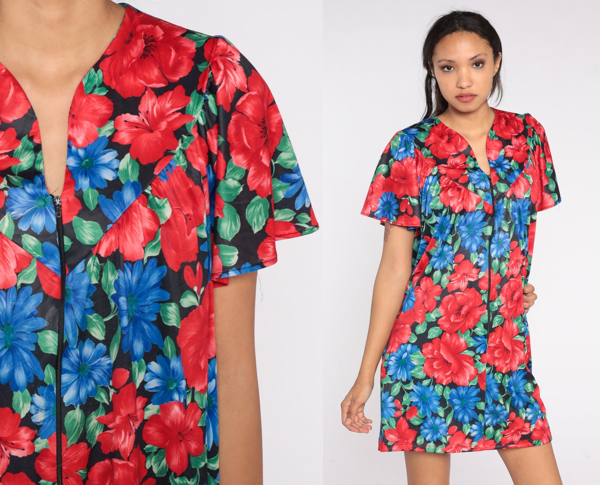 80s Floral Pajama Dress Red Blue Mini Nightgown Button Front Large