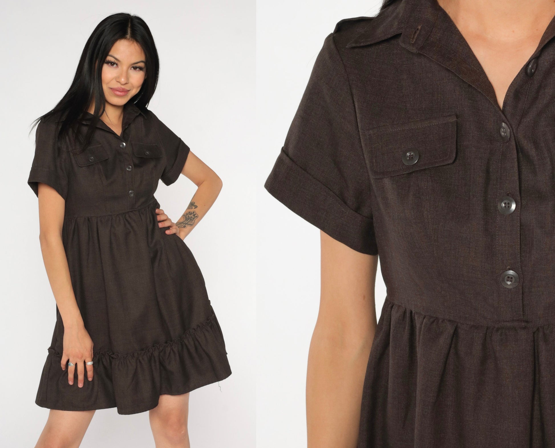 Y2K Brown Babydoll Mini Dress Empire Waist Short Sleeve Button Up Extra Small