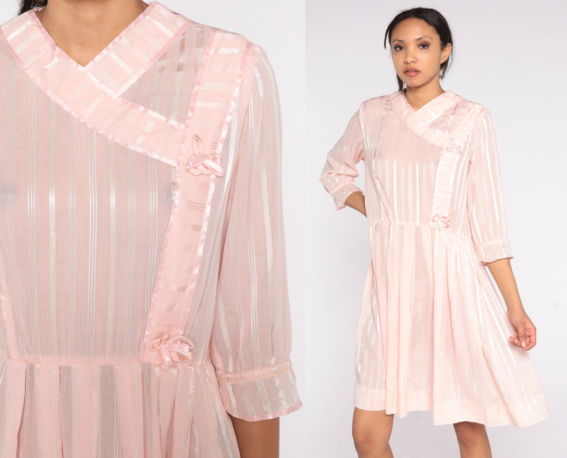 70s Baby Pink Striped Mini Dress High Waist Pleated Rosette Detail Medium Large