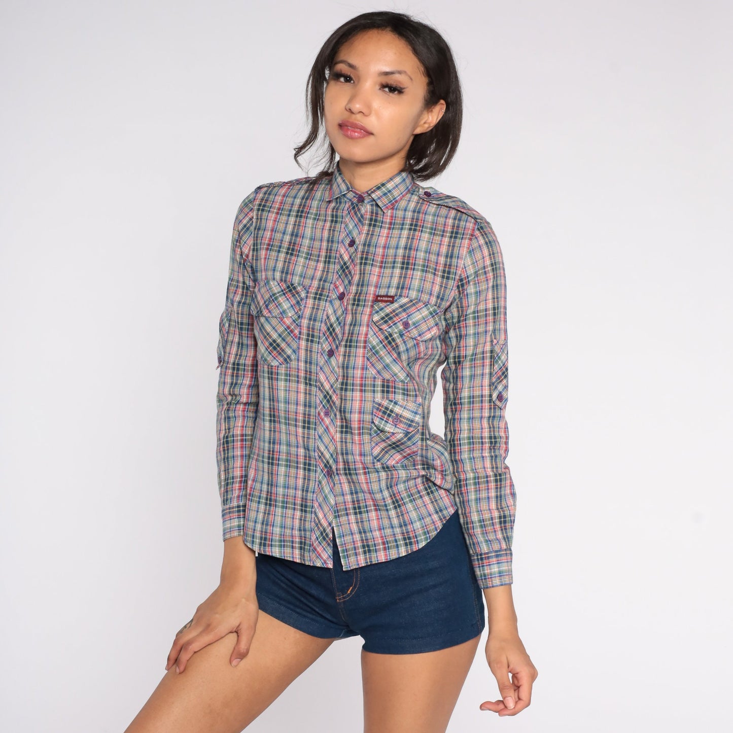 80s Sasson Plaid Button-Up Blouse Blue Red Green Epaulette Extra Small