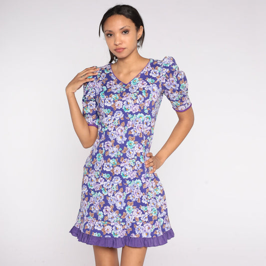 80s Purple Floral Mini Dress Puff Sleeve Shift Cotton Size 7