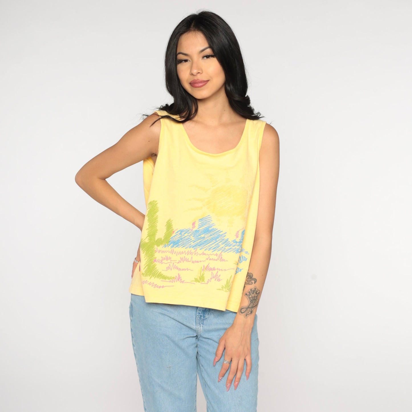 90s Beverly Hills Blues Desert Tank Top Yellow Graphic Cactus Medium