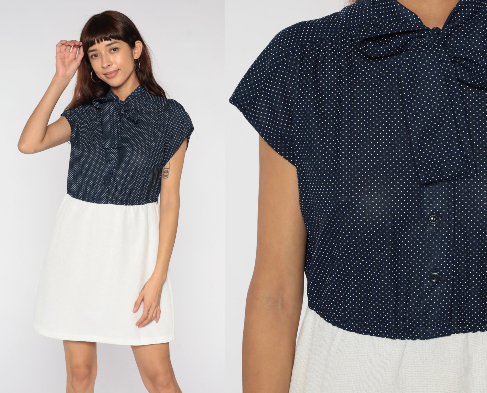 70s Blue Polka Dot Mini Dress Ascot Bow Tie Secretary Cap Sleeve Medium Large