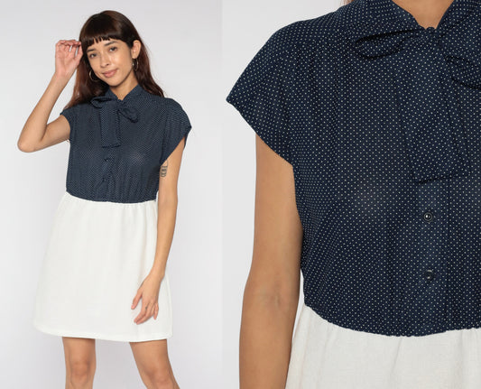 70s Blue Polka Dot Mini Dress Ascot Bow Tie Secretary Cap Sleeve Medium Large