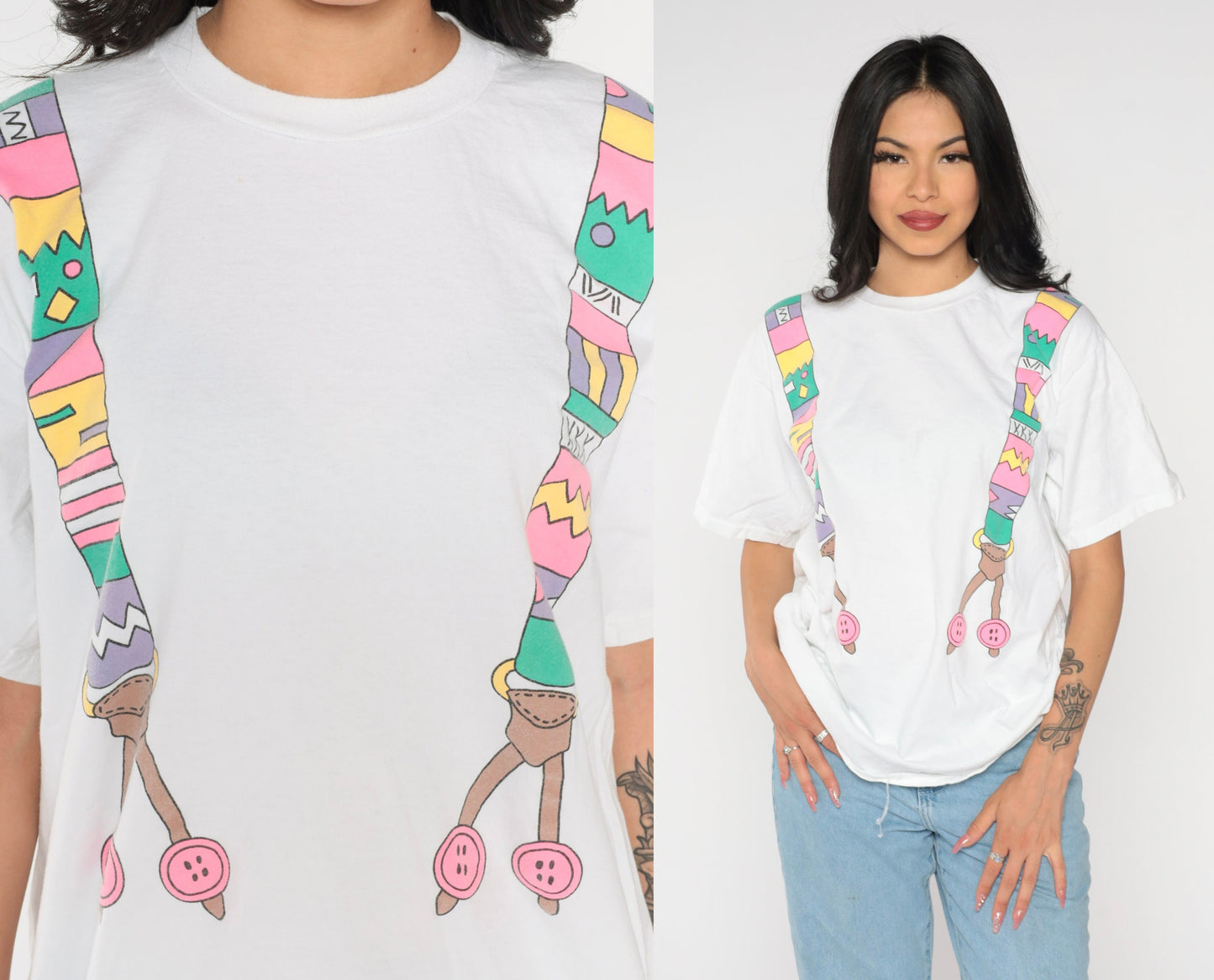 80s Suspenders Graphic Cotton T-Shirt Colorful Print Single Stitch Extra Large