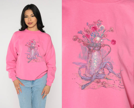 90s Northern Reflections Flower Pot Sweatshirt Hot Pink Graphic Large L
