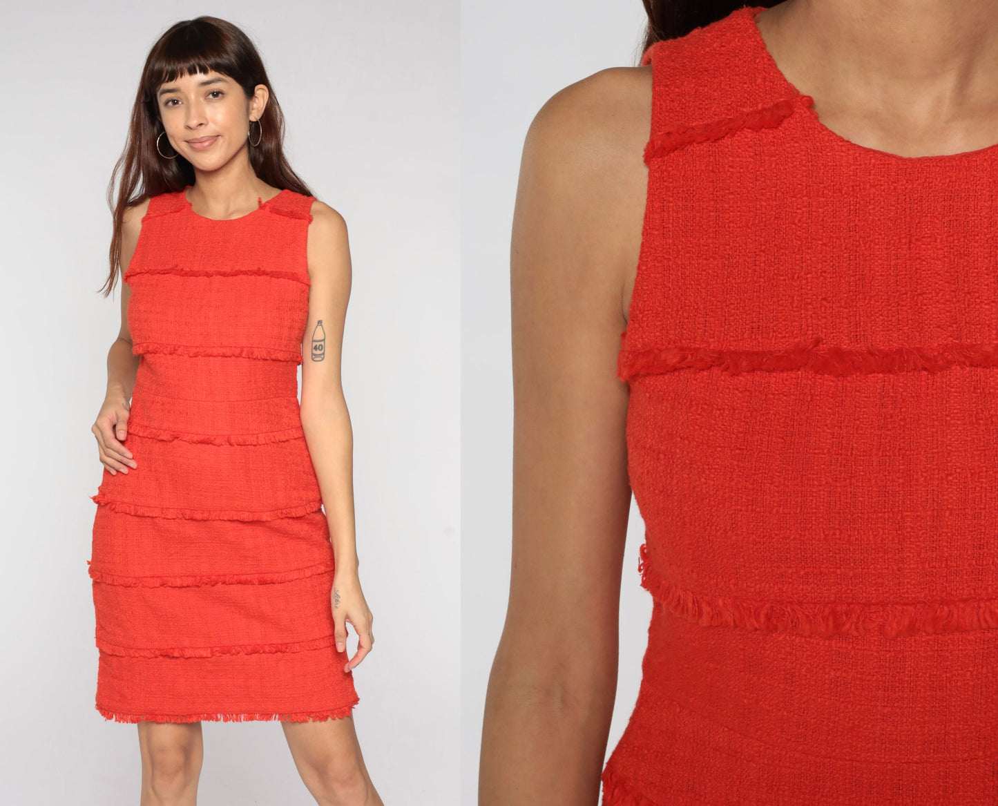 00s Orange Cotton Mini Dress Sleeveless Sheath Fringe Trim Small