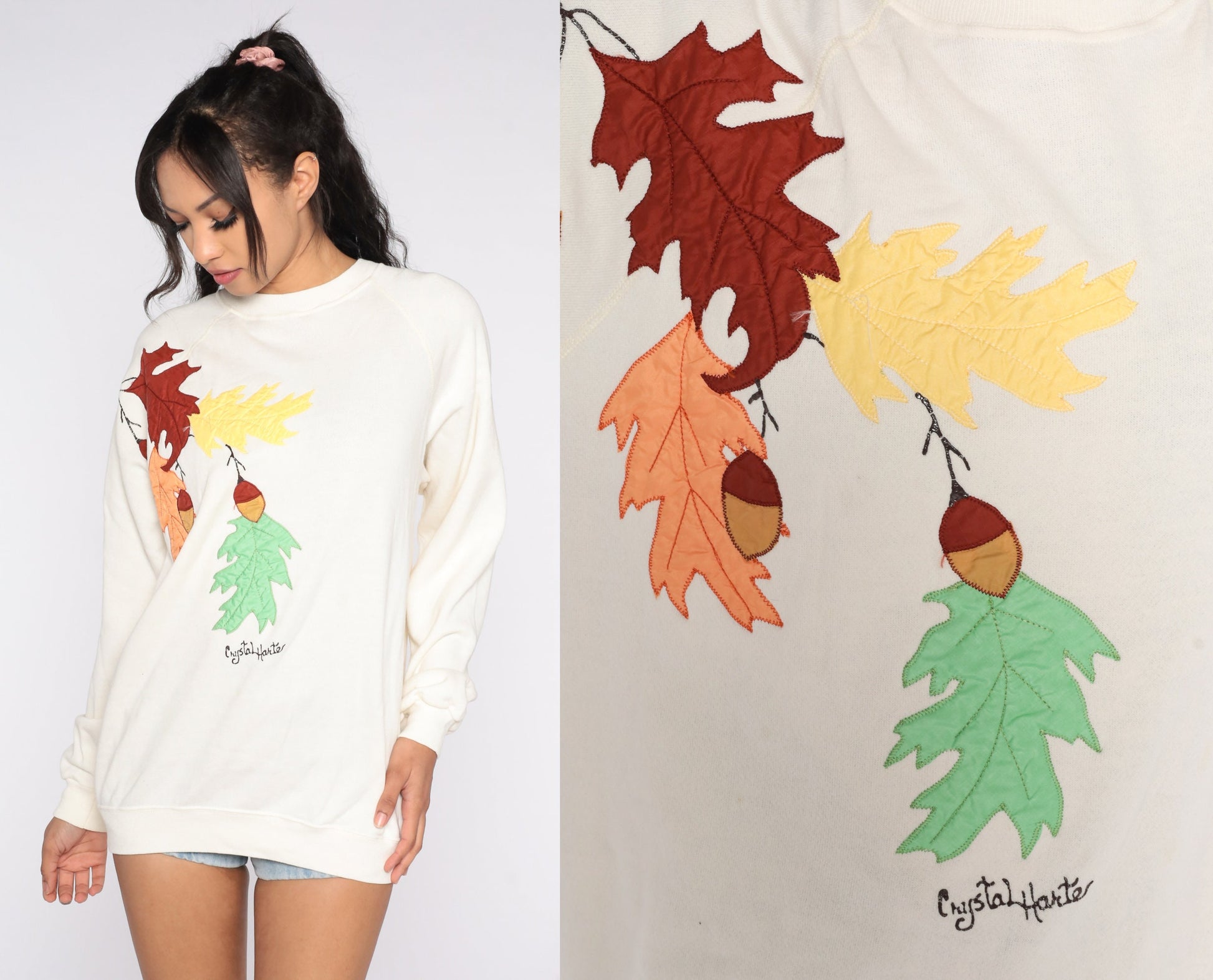 90s Leaves & Acorns Sweatshirt Cream Raglan Graphic Crewneck Large