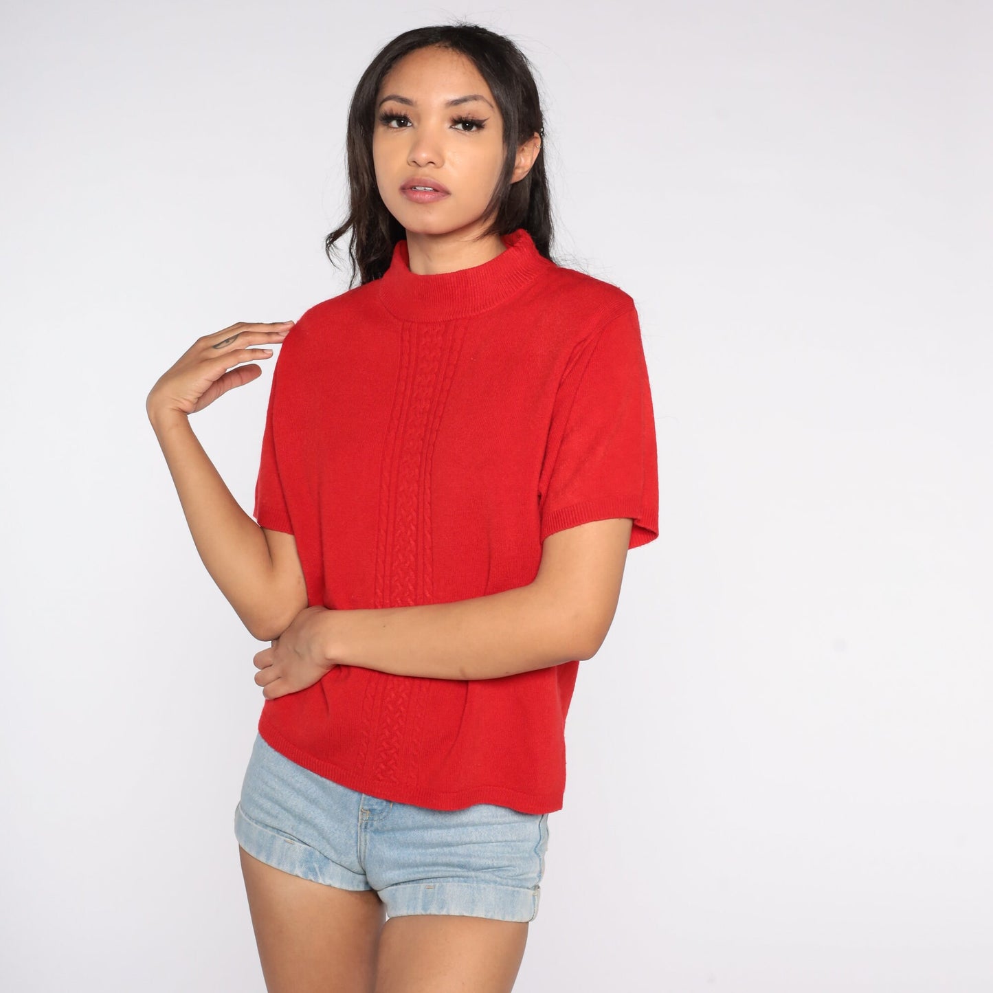 90s Red Knit Mock Neck Short Sleeve Top Medium M