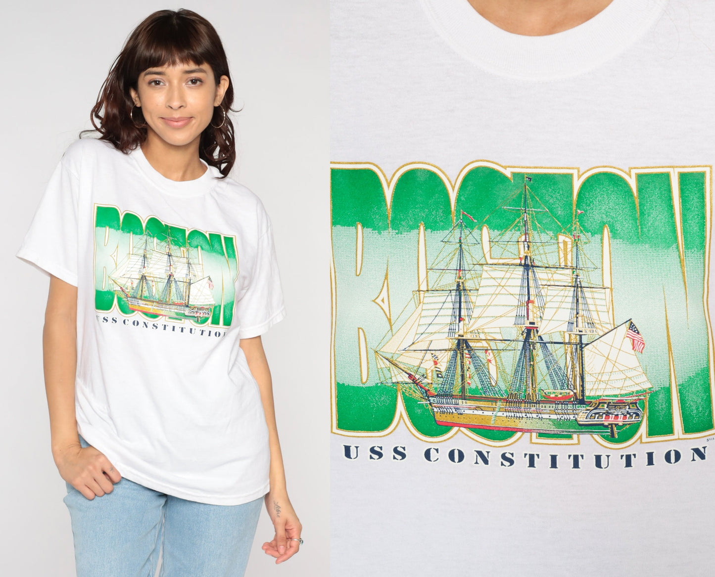 Y2K USS Constitution Boston Graphic T-Shirt Navy Medium