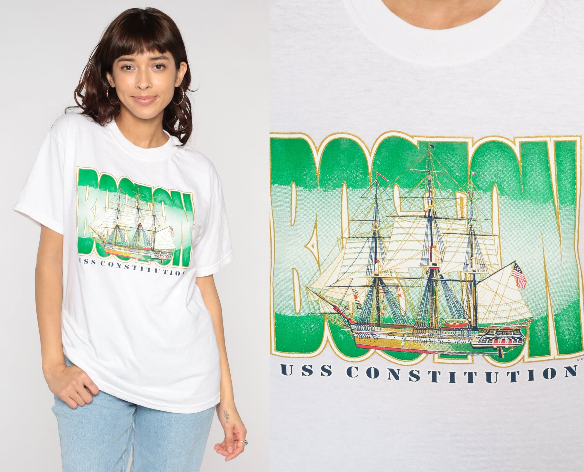 Y2K USS Constitution Boston Graphic T-Shirt Navy Medium