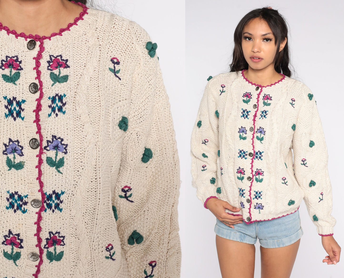 90s Cream Cable Knit Floral Cardigan Button Up Sweater Extra Large XXL
