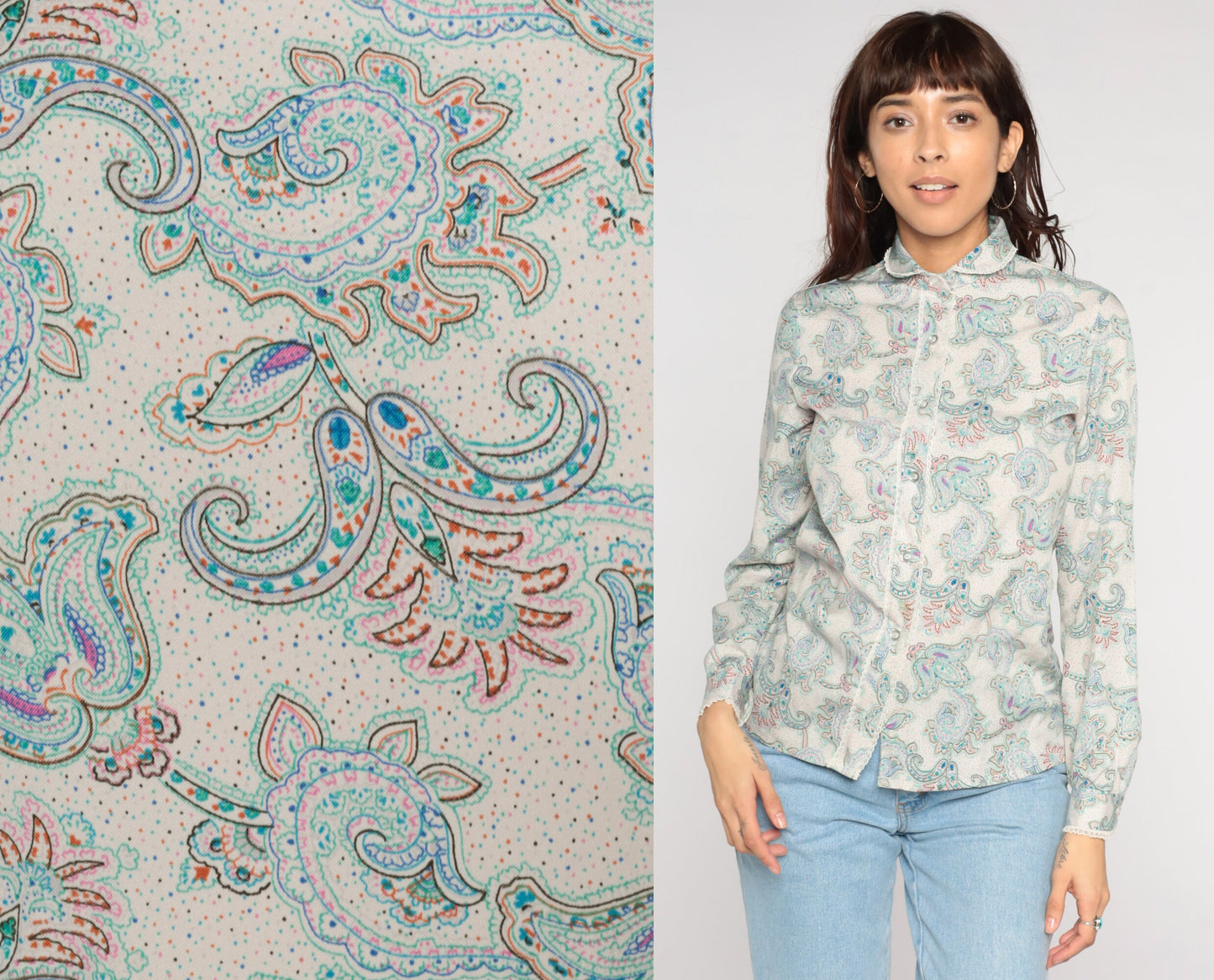 80s Paisley Blouse Peter Pan Collar Button-Up Long Sleeve Off-White Small S