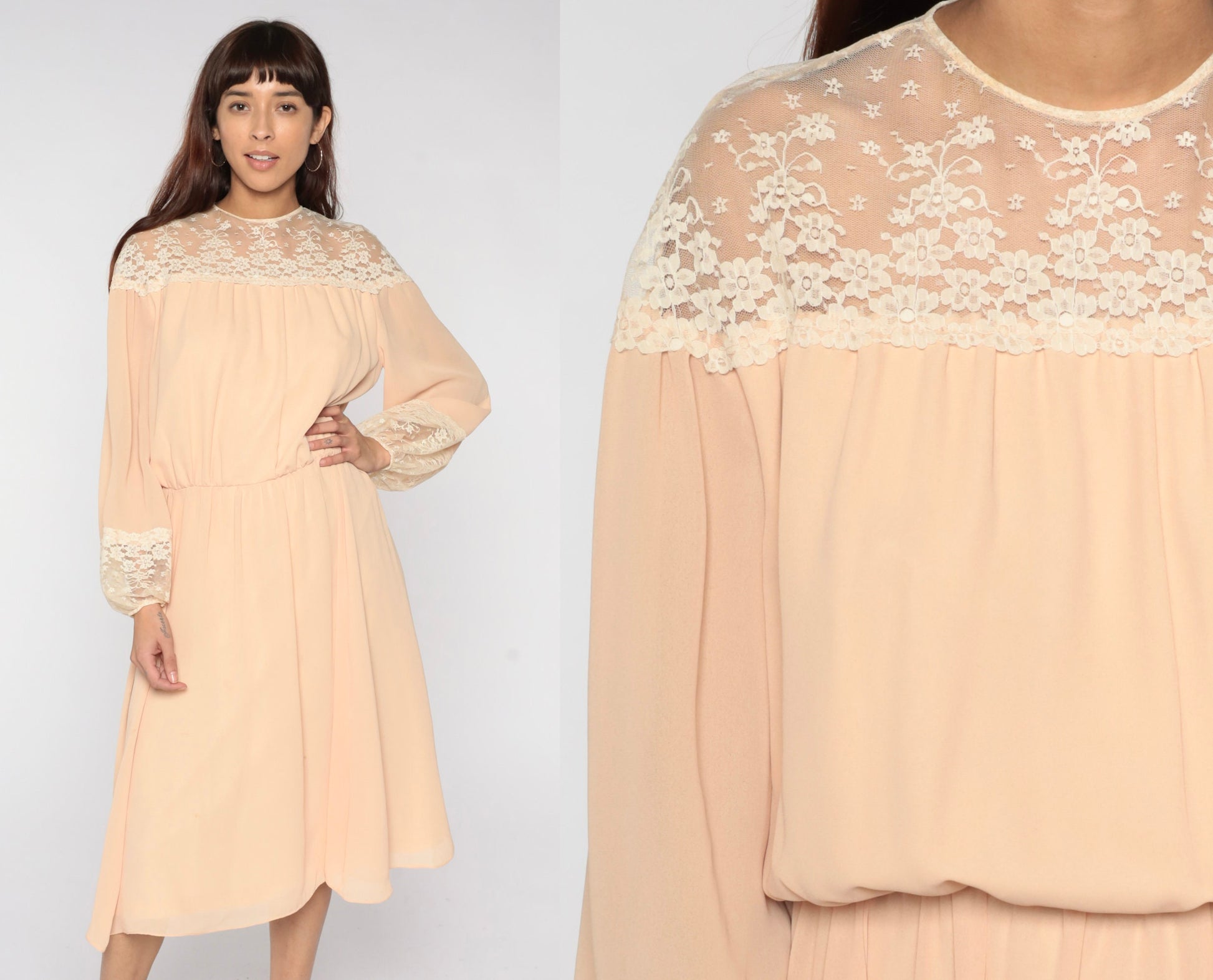 70s Peach Lace Midi Dress Illusion Neckline Long Sleeve High Waist Medium