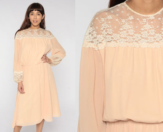 70s Peach Lace Midi Dress Illusion Neckline Long Sleeve High Waist Medium