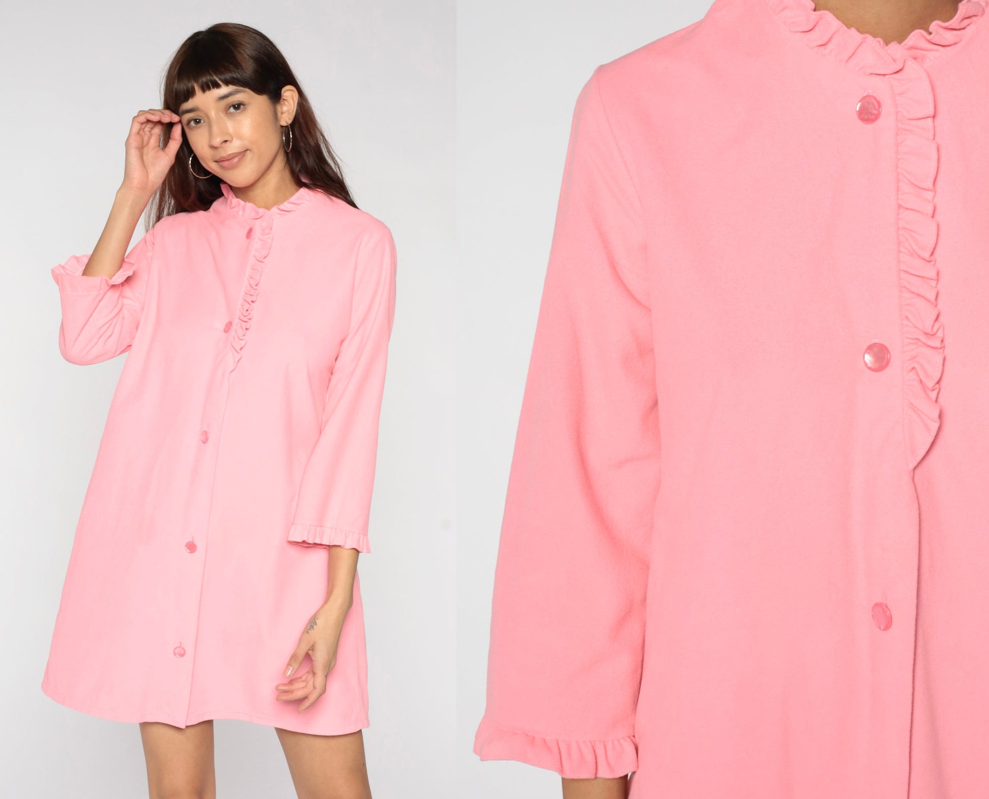 70s Pink Fleece Lounge Dress Mini Button-Up Long Sleeve Medium Large