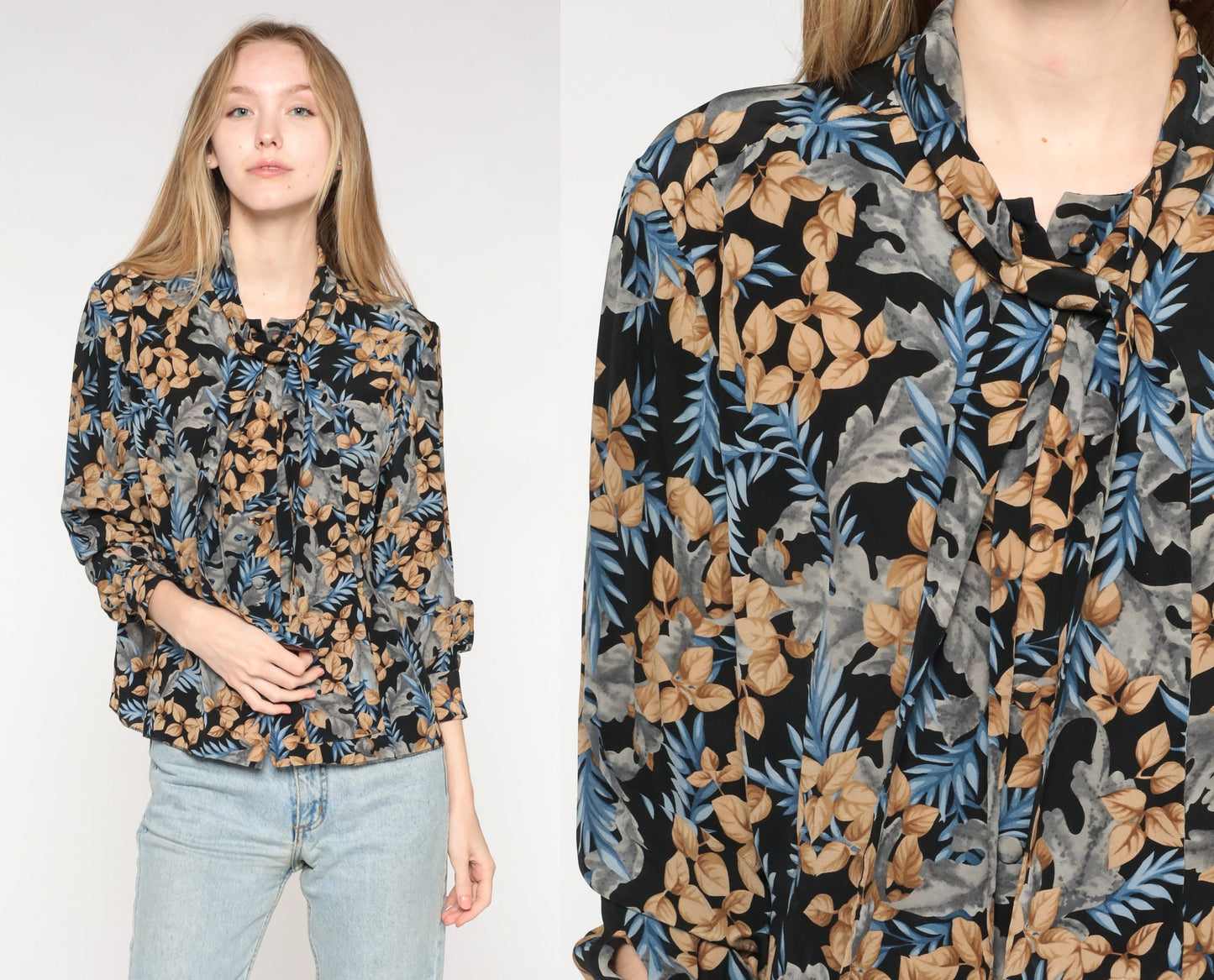 90s Black Leaf Print Ascot Blouse Long Sleeve Button Up Medium