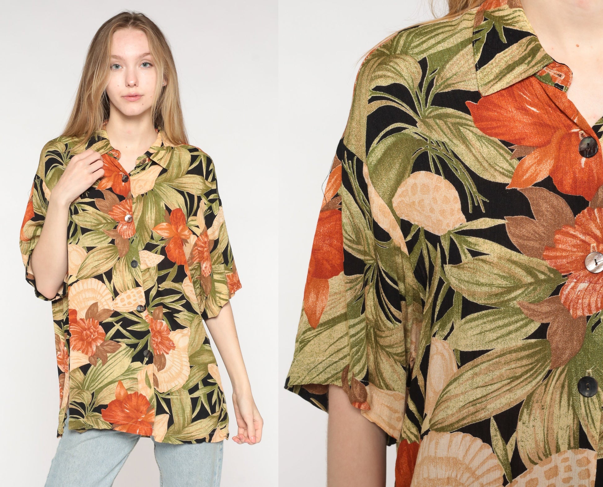 90s Tropical Floral Seashell Button-Up Shirt Orange Green Rayon Medium