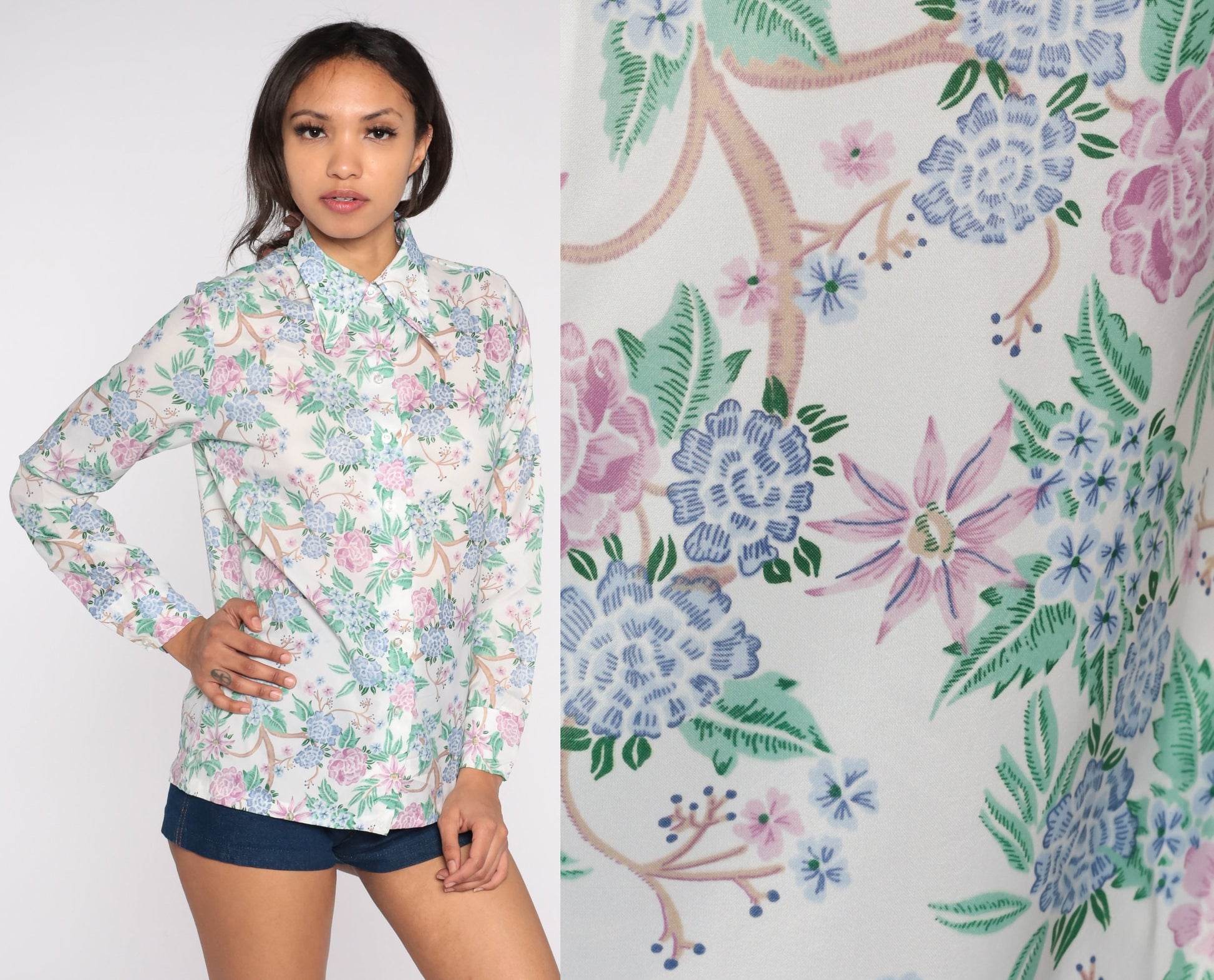 70s Floral Button-Up Shirt White Pointed Collar Long Sleeve Small S
