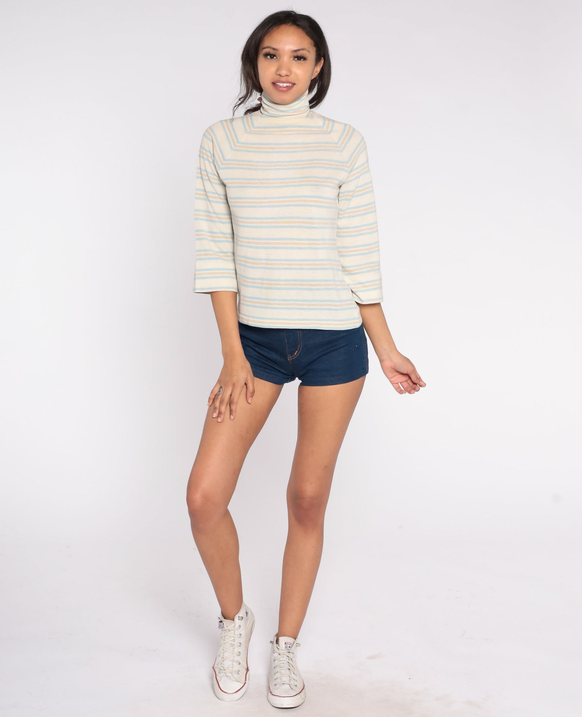 70s Striped Turtleneck Raglan Sleeve Shirt Off-White Blue Small